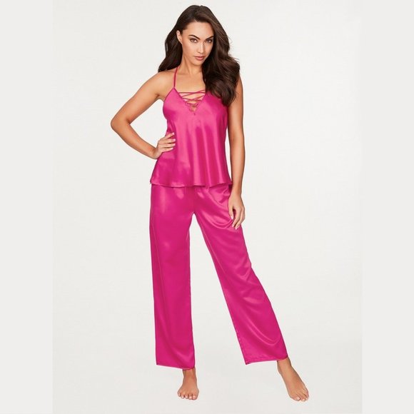 Frederick's of Hollywood Other - Frederick's of Hollywood Summer Lattice Lacing Fuchsia Pink Satin PJ Set S